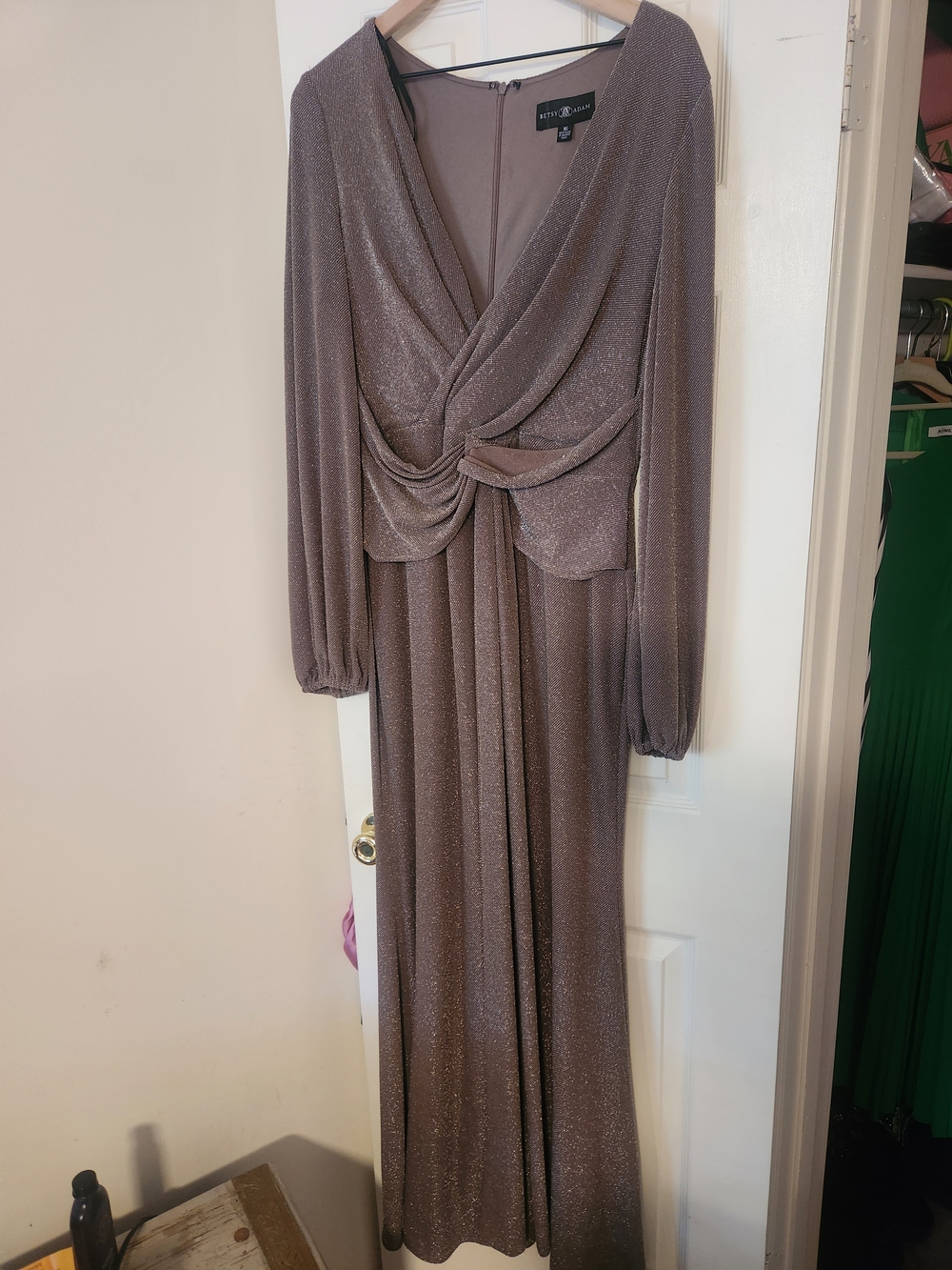 Betsy & Adam Metallic Taupe Wrap Maxi Dress